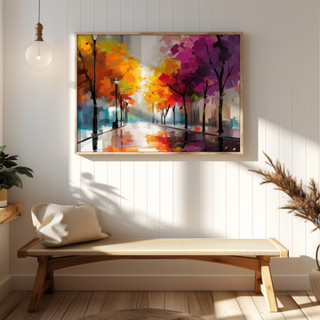 Modern City Street Wall Art Colorful Trees Uplifting Impressionistic Illustration. High Resolution Digital Download 300 DPI.