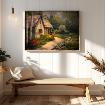 Vintage Cozy Home Wall Art Birch Trees Lake Flowers Nature Painting. High Resolution Digital Download 300 DPI.