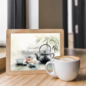 Charming Watercolor Art: Teapot, Cup of Tea, and Cupcake on Rustic Wooden Table. High Resolution Digital Download 300 DPI