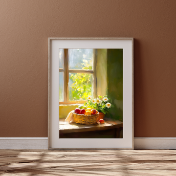 Rustic Kitchen Charm: Vibrant Fruit Basket Against Serene Green Wall. High Resolution Digital Download 300 DPI