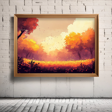 Autumn's Golden Hour: Vibrant Sunset Landscape with Silhouetted Trees and Grassy Field. High Resolution Digital Download 300 DPI