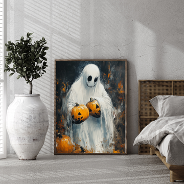 Ethereal Harvest: Impasto Ghost with Pumpkins - Haunting Autumnal Art. High Resolution Digital Download 300 DPI