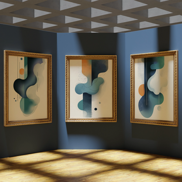 Dynamic Surrealism: Abstract Shapes in Blue, Orange, and Black with Scattered Dots. High Resolution Digital Download 300 DPI