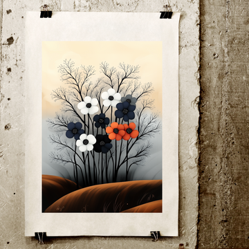 Enchanting Floral Contrast: Colorful Blooms with Black Stems on Warm Backdrop. High Resolution Digital Download 300 DPI