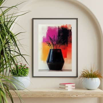 Elegant Dried Floral Arrangement: Black Vase Meets Vibrant Abstract Background. High Resolution Digital Download 300 DPI