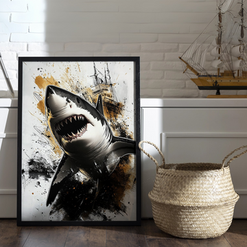Dramatic Ink Art: Great White Shark Attacking Ship with Exaggerated Perspective. High Resolution Digital Download 300 DPI