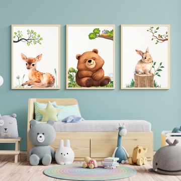 Enchanting Woodland Friends: Adorable Bear, Fawn, and Rabbit Wall Art Print. High Resolution Digital Download 300 DPI.