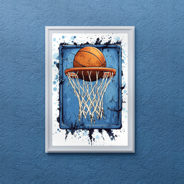 Slam Dunk Sensation: Dynamic Basketball Soaring Through Net on Blue Canvas. High Resolution Digital Download 300 DPI