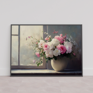 Soft Floral Elegance: Pink and White Roses Illuminated by Gentle Window Light. High Resolution Digital Download 300 DPI