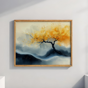 Golden Serenity: Twisted Tree Silhouette Against Misty Mountain Landscape. High Resolution Digital Download 300 DPI