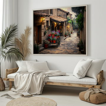 Twilight Flower Cart Wall Art Lavender Roses Cobblestone Painterly Texture. High Resolution Digital Download 300 DPI.