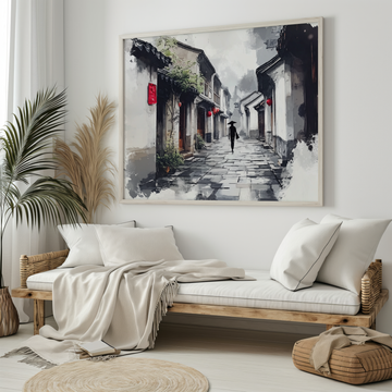 Ancient Japanese Alley Wall Art Ink Painting Style Print. High Resolution Digital Download 300 DPI.