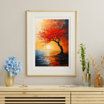 Fiery Cloud Tree: Abstract Seascape with Vibrant Red Silhouette at Sunset. High Resolution Digital Download 300 DPI
