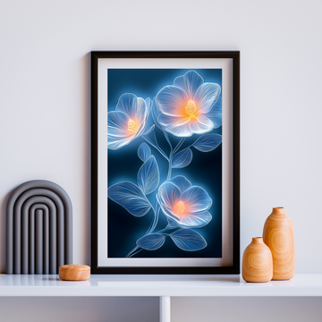 Luminous Floral Elegance: Ethereal Blue and White Blooms in Dramatic Contrast. High Resolution Digital Download 300 DPI