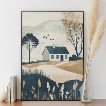 Charming White Cottage: Serene Rural Landscape with Trees and Rolling Hills. High Resolution Digital Download 300 DPI