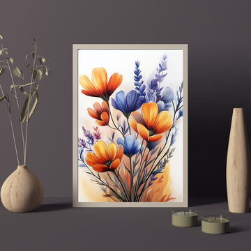 Wild Bloom Symphony: Vibrant Orange and Blue Flowers in Pure Elegance. High Resolution Digital Download 300 DPI