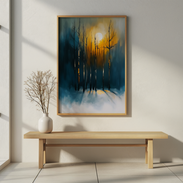 Realistic Blue Beige Trees Wall Art Moonlit Night Painting Print. High Resolution Digital Download 300 DPI.