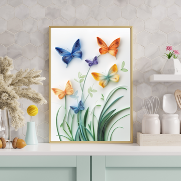 Delicate Paper Quilling: Vibrant Butterfly Dance on Pristine White Background. High Resolution Digital Download 300 DPI