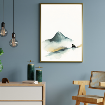 Serene Minimalist Ink Painting: Gentle Mountain Peak and Turtle in Autumn Hues. High Resolution Digital Download 300 DPI