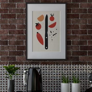 Culinary Minimalism: Iconic Knife with Playful Veggie Accents Wall Art. High Resolution Digital Download 300 DPI