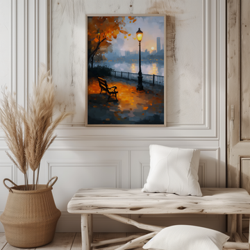 Upper East River Promenade Wall Art Gracie Mansion Autumn Twilight Bench. High Resolution Digital Download 300 DPI.