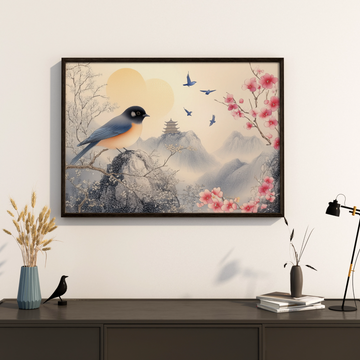 Avian Paradise: Elegant Bird Amidst Vibrant Flora and Soaring Companions. High Resolution Digital Download 300 DPI