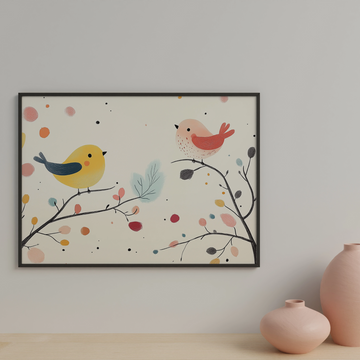 Vibrant Avian Duo: Colorful Birds on Branch with Abstract Leaf Backdrop. High Resolution Digital Download 300 DPI