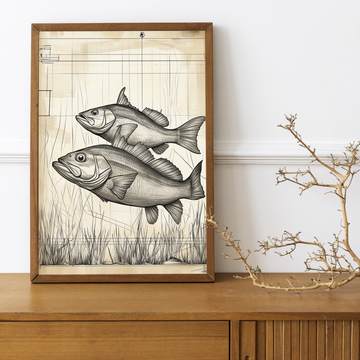 Dynamic Duo: Larger and Smaller Fish Swimming in Grid-Patterned Water. High Resolution Digital Download 300 DPI