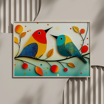 Autumn Avian Charm: Colorful Birds Dancing on Branch with Playful Polka Dots. High Resolution Digital Download 300 DPI