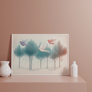 Ethereal Forest Flight: Misty Landscape Alive with Colorful Avian Wonders. High Resolution Digital Download 300 DPI