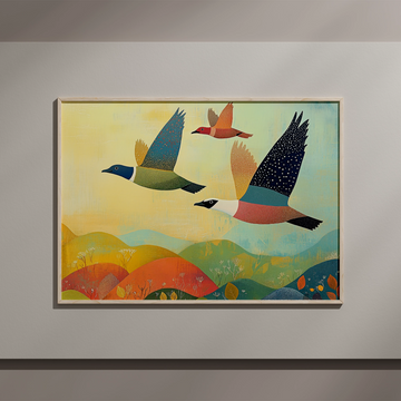 Autumn Migration: Vibrant V-Formation Soars Over Colorful Foliage Landscape. High Resolution Digital Download 300 DPI