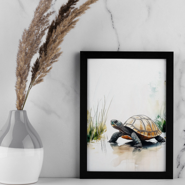 Majestic Brown Turtle: Walking Through Shallow Water Amidst Tall Grass. High Resolution Digital Download 300 DPI