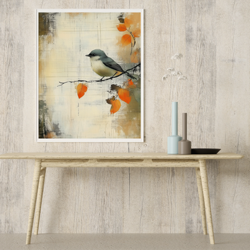 Whimsical Watercolor: Gray Bird on Branch with Orange Leaves and Vintage Paper Texture. High Resolution Digital Download 300 DPI