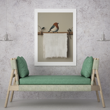 Charming Sparrow: Wall Art of Frayed Linen Cloth and Wooden Frame. High Resolution Digital Download 300 DPI