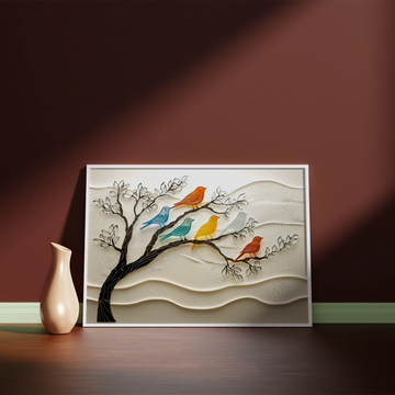 Artistic Harmony: Black Metal Tree Limb with Colorful Sea Glass Birds on Ivory Background. High Resolution Digital Download 300 DPI