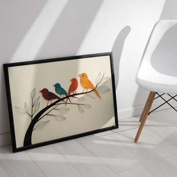 Whimsical Wall Art: Black Metal Tree Limb with Colorful Sea Glass Birds on Ivory Backdrop. High Resolution Digital Download 300 DPI
