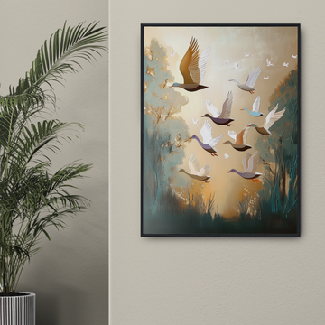 Joyful Flight: Dynamic Painting of a Flock of Ducks in Vibrant Colors. High Resolution Digital Download 300 DPI