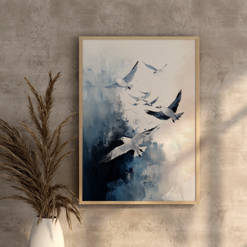 Dynamic Flight: Oil Painting of White Seagulls Against a Dark, Colorful Background. High Resolution Digital Download 300 DPI