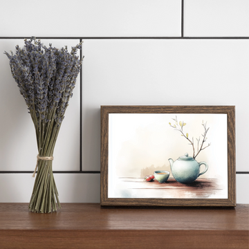 Elegant Tea Ceremony: Watercolor Painting of Green Teapot and Teacup on Wooden Table. High Resolution Digital Download 300 DPI