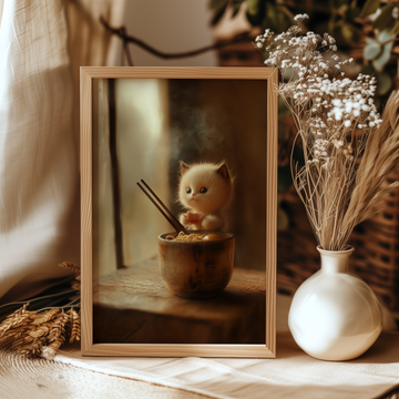 Tiny Kitten Ramen Wall Art Cute Realistic Pastel Studio Painting. High Resolution Digital Download 300 DPI.
