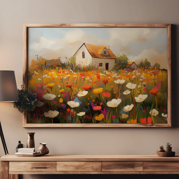 Joyful Minimalist Painting: Cheerful House Surrounded by Vibrant Wildflowers. High Resolution Digital Download 300 DPI