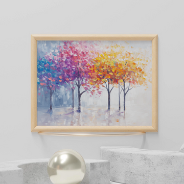 Whimsical Forest Dreams: Vibrant Abstract Trees in Misty Impressionist Landscape. High Resolution Digital Download 300 DPI
