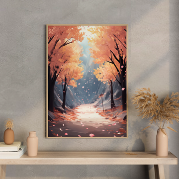 Autumn's Enchanted Path: Vibrant Foliage and Floating Petals in Sunlit Forest. High Resolution Digital Download 300 DPI