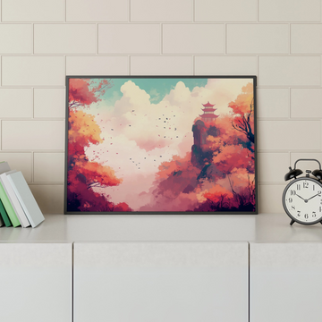 Autumn Serenity: Japanese Pagoda Amidst Vibrant Foliage and Soaring Birds. High Resolution Digital Download 300 DPI