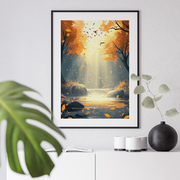 Autumn's Cascade: Serene Forest Landscape with Waterfall and Soaring Birds. High Resolution Digital Download 300 DPI