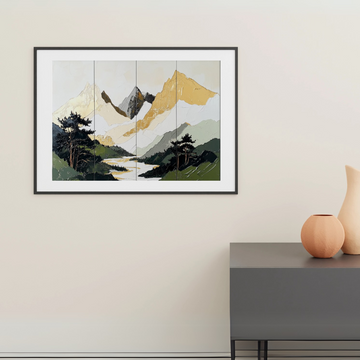 Geometric Wilderness: Stylized Mountains and Winding River in Forested Landscape. High Resolution Digital Download 300 DPI