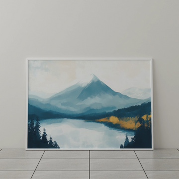 Autumn Meets Winter: Snowy Peak Mirrored in Lake Amid Colorful Forest. High Resolution Digital Download 300 DPI