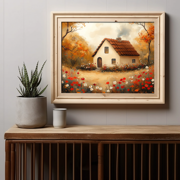 Autumn Charm: Cozy Cottage Nestled in Vibrant Seasonal Garden Landscape. High Resolution Digital Download 300 DPI