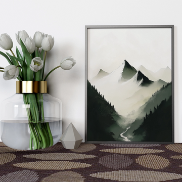 Alpine Mist: Majestic Snowy Peaks Embraced by Pine Forest Wilderness. High Resolution Digital Download 300 DPI