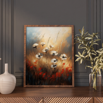 Blooming Contrast: White and Red Flowers in Warm-Toned Brushstroke Field. High Resolution Digital Download 300 DPI
